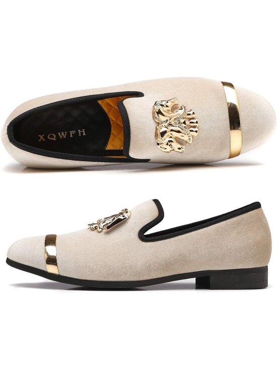 XQWFH Men\'s Beige Leather Velvet Loafers With Gold Plate Smoking Slip On Shoes main image 2